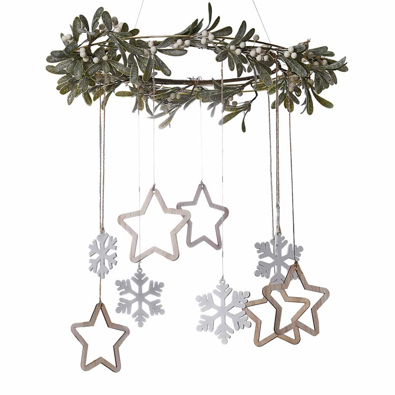 Gold Metal Hoop with Foliage & Wooden Hanging Decorations - 40cm
