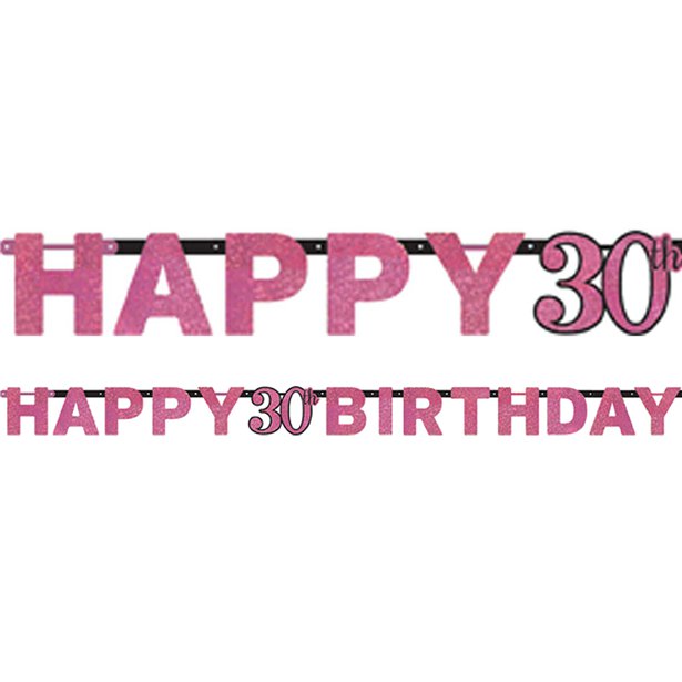 Pink 'Happy 30th Birthday' Holographic Paper Letter Banner - 2m